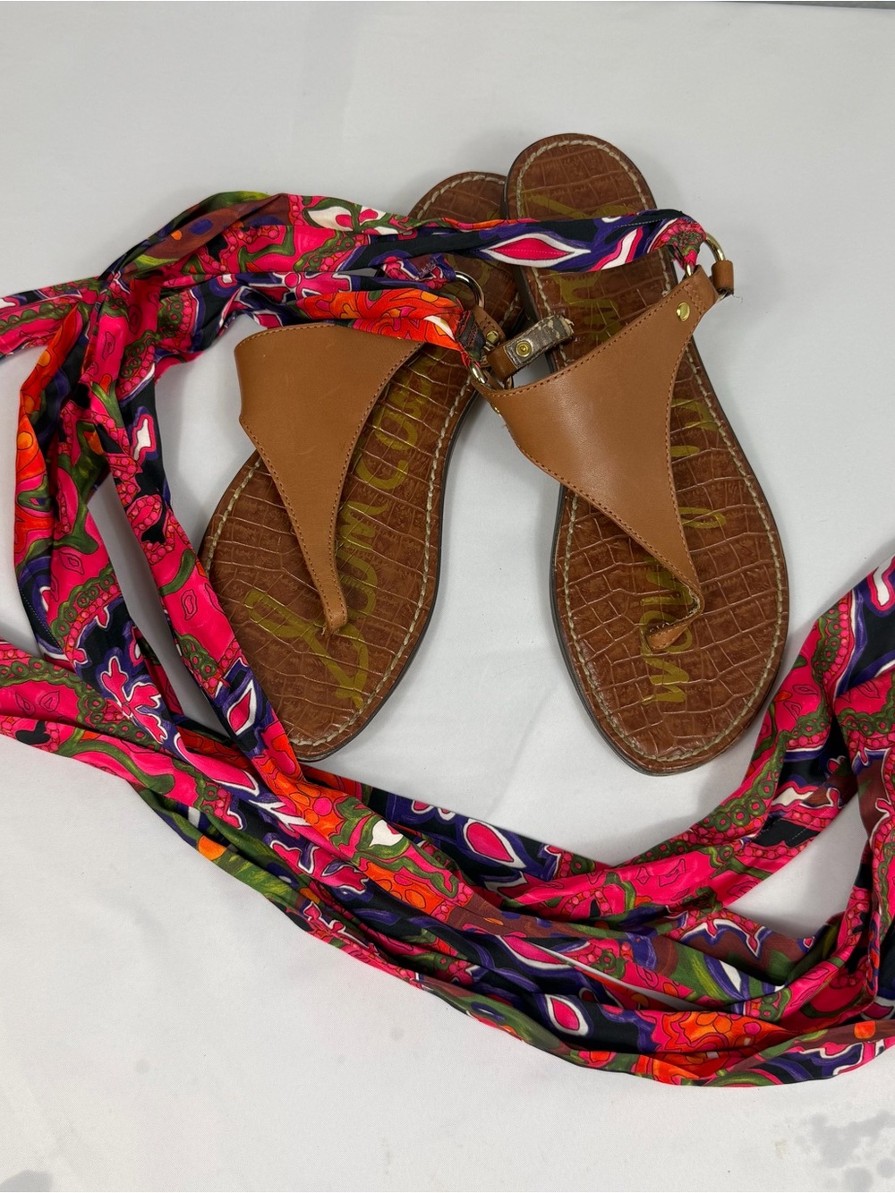 Sam Edelman Brown Floral Scarf Tie Ankle Wrap Flat Sandals